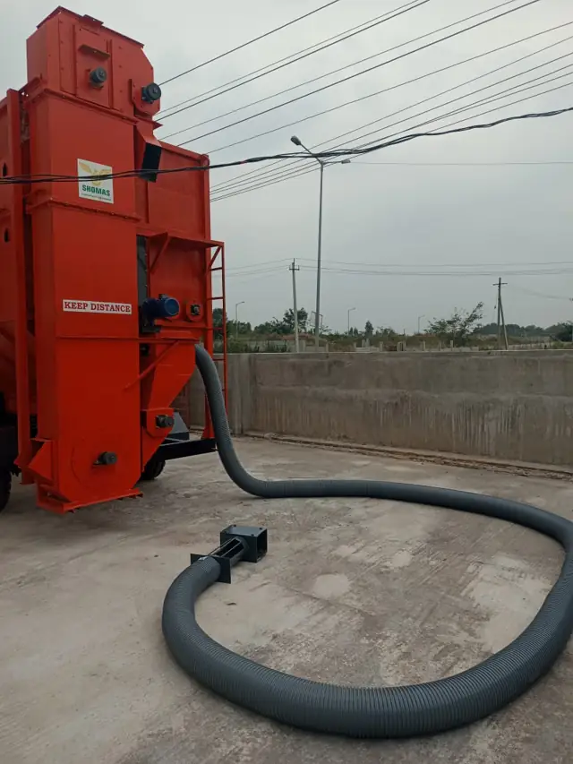 Shomas Tractor Operated Mobile Grain Dryer elevator and flexible air hose for on-farm grain drying