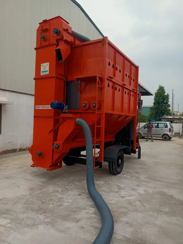 Tractor Operated Mobile Grain Dryer hopper with air hose on trolley, Shomas mobile grain dryer for Indian farmers