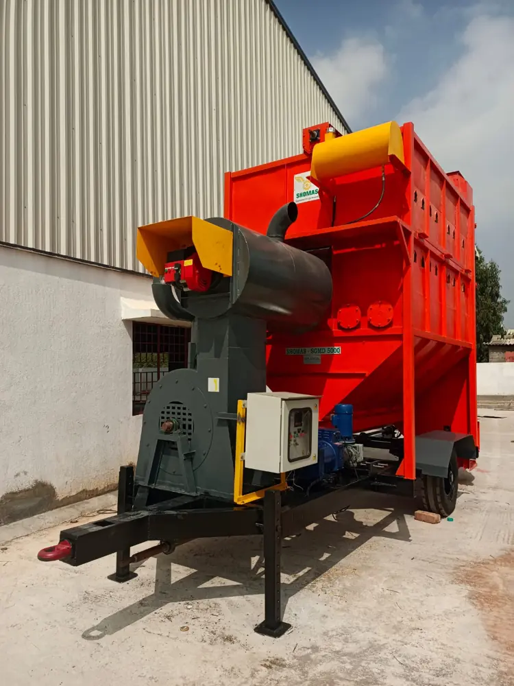 Shomas Tractor Operated Mobile Grain Dryer with control panel and blower in the yard