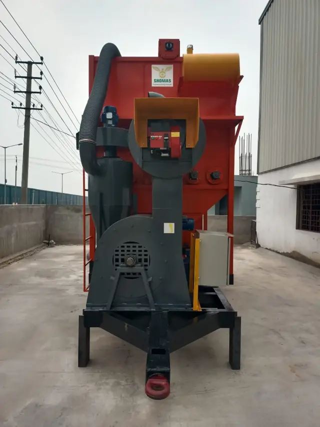 Shomas mobile grain dryer rear view with blower and grain inlet for paddy and maize drying in India